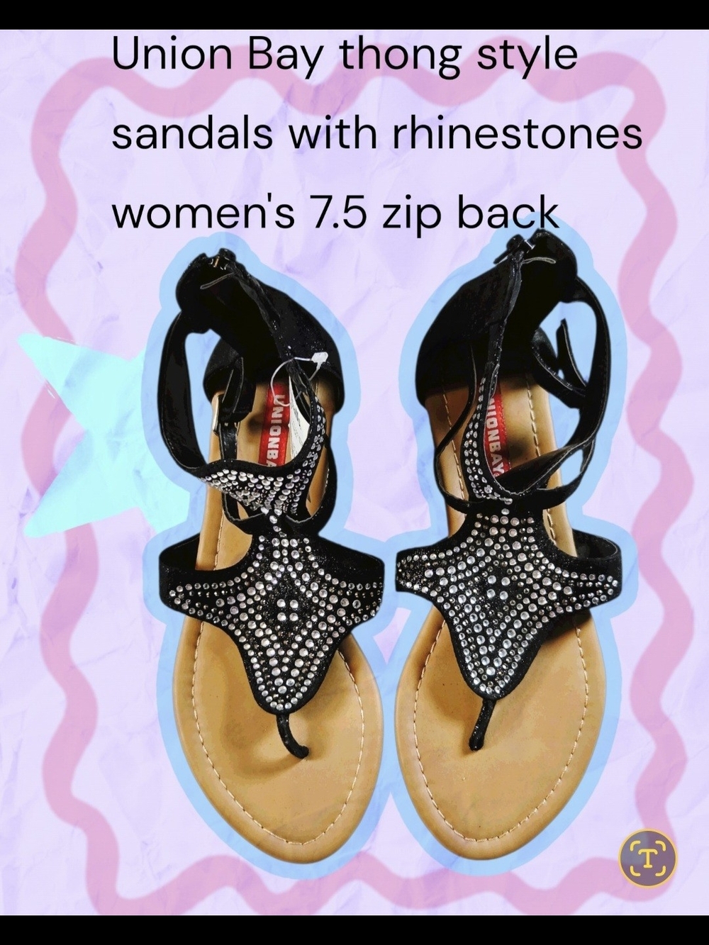 UNIONBAY Womens 7.5M Black Rhinestone Thong Sandals Zip Back Closure